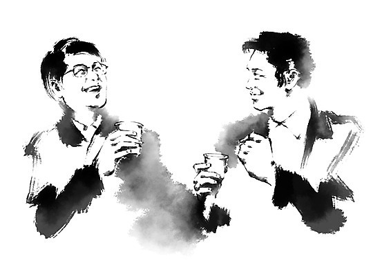 PSD 남자 커피 중년 일러스트 비즈니스 캘리그라피 중년라이프 티타임 웃음 상반신 성인 두명 친구 비즈니스라이프 비즈니스맨 동료 국내일러스트 라이프스타일 음료 관계 휴식 표정 사람 직장인 파일형식