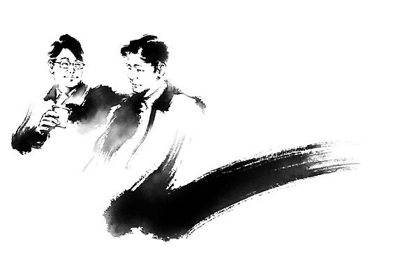 PSD 남자 커피 중년 일러스트 비즈니스 캘리그라피 중년라이프 붓터치 티타임 상반신 성인 두명 친구 비즈니스라이프 비즈니스맨 동료 국내일러스트 라이프스타일 음료 관계 휴식 사람 직장인 파일형식