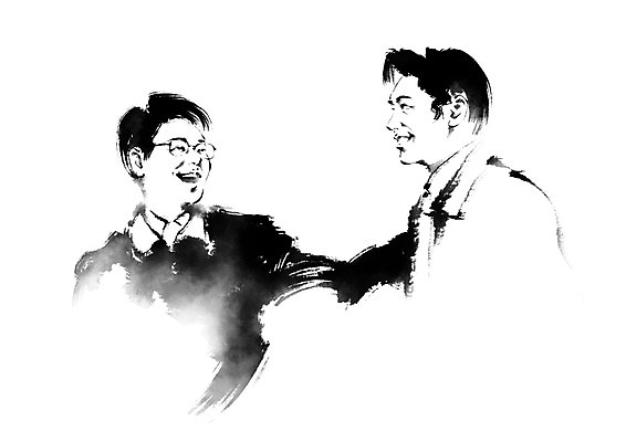 PSD 남자 중년 일러스트 비즈니스 캘리그라피 중년라이프 웃음 상반신 성인 두명 친구 비즈니스라이프 비즈니스맨 동료 국내일러스트 라이프스타일 관계 표정 사람 직장인 파일형식