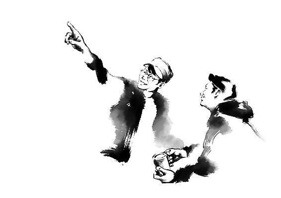 PSD 응시 남자 중년 일러스트 캘리그라피 중년라이프 손짓 상반신 성인 두명 친구 가리킴 커피잔 성인남자만 국내일러스트 라이프스타일 시선 커피 관계 모션 잔 사람 남자만 성인만 파일형식