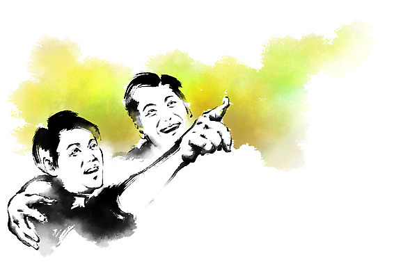 PSD 응시 남자 중년 일러스트 캘리그라피 중년라이프 어깨동무 웃음 손짓 상반신 성인 두명 친구 가리킴 성인남자만 국내일러스트 라이프스타일 시선 포즈 관계 모션 표정 사람 남자만 성인만 파일형식