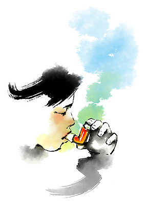 PSD 얼굴 일러스트 캘리그라피 의학 의료기기 한명 성인 치료 질병 천식 천식흡입기 국내일러스트 1 사람 신체부위 의학용품 파일형식