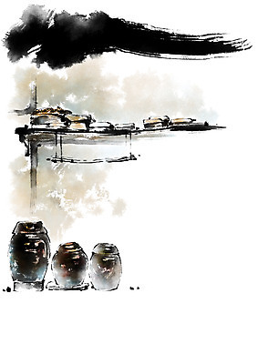 PSD 한국문화 한국전통 전통 일러스트 캘리그라피 붓터치 산 사람없음 마을 항아리 시골집 국내일러스트 동양문화 주택 한국 도자기 파일형식