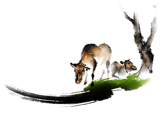 PSD 나무 동물 한국문화 한국전통 전통 두마리 일러스트 캘리그라피 붓터치 사람없음 가축 소 국내일러스트 식물 동양문화 2 포유류 한국 파일형식