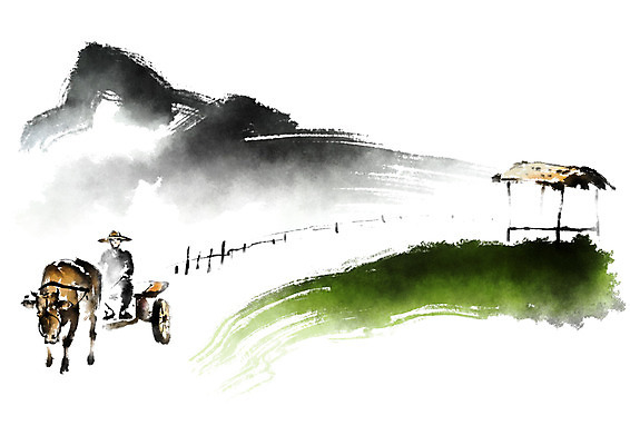 PSD 동물 한마리 한국문화 한국전통 전통 남자 일러스트 캘리그라피 붓터치 산 한명 성인 농사 가축 소 농부 원두막 달구지 소달구지 국내일러스트 직업 1 동양문화 농업 포유류 한국 사람 파일형식