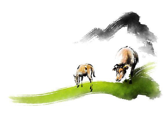 PSD 동물 한국문화 한국전통 전통 두마리 일러스트 캘리그라피 붓터치 산 사람없음 가축 소 망아지 국내일러스트 동양문화 새끼 2 포유류 한국 말_동물 파일형식