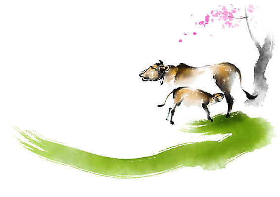 PSD 나무 동물 한국문화 한국전통 전통 꽃 두마리 일러스트 캘리그라피 붓터치 사람없음 소 망아지 국내일러스트 식물 동양문화 새끼 2 포유류 한국 말_동물 파일형식