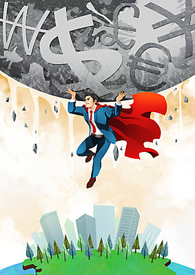 전신 PSD 남자 지구 일러스트 한명 빌딩 성인 금융 달러 유로 비즈니스맨 원화 수비 구출 엔 먹구름 영웅 불황 경제불황 슈퍼히어로 버티다 국내일러스트 1 돈 비즈니스 모션 사람 건물 경제 도움 직장인 파일형식 구름_자연