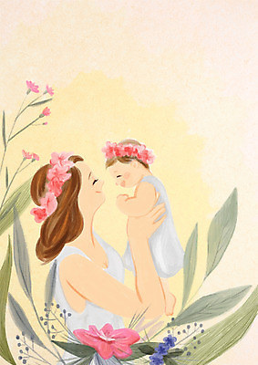 PSD 식물 여자 꽃 아들 일러스트 안기 엄마 사랑 웃음 들기 상반신 성인 두명 화관 아기 국내일러스트 감정 가족 모션 표정 사람 파일형식