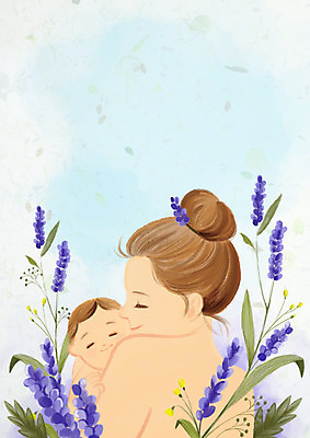 PSD 식물 여자 아들 일러스트 안기 엄마 사랑 웃음 상반신 성인 두명 아기 편안함 라벤더 국내일러스트 꽃 감정 가족 모션 표정 사람 감각 허브 파일형식