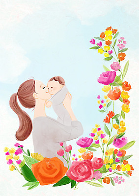 PSD 식물 여자 남자 꽃 아들 일러스트 안기 엄마 사랑 상반신 성인 두명 아기 국내일러스트 감정 가족 모션 사람 파일형식