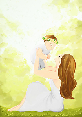 전신 PSD 여자 아들 일러스트 안기 자연 엄마 웃음 성인 두명 화관 아기 숲 국내일러스트 꽃 가족 모션 표정 사람 생태계 파일형식