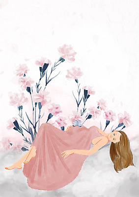 전신 PSD 식물 여자 꽃 분홍색 일러스트 휴식 한명 성인 눕기 임산부 임신 카네이션 아기신발 국내일러스트 1 컬러 신발 컨셉 모션 사람 아기용품 파일형식