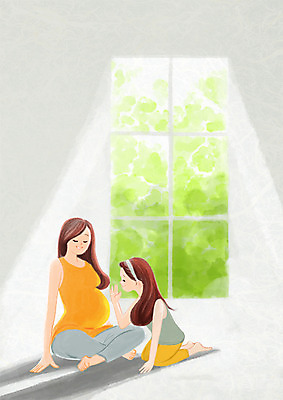 전신 PSD 응시 여자 딸 어린이 일러스트 창문 엄마 웃음 앉기 성인 두명 햇빛 임산부 임신 태교 국내일러스트 시선 가족 모션 표정 사람 태양 파일형식