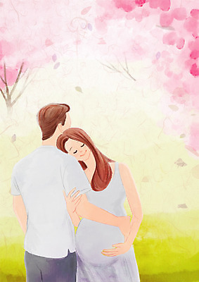 PSD 나무 부부 커플 여자 남자 분홍색 일러스트 자연 사랑 서기 상반신 성인 두명 기댐 임산부 임신 국내일러스트 식물 감정 컬러 관계 모션 사람 생태계 파일형식