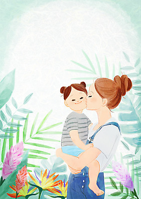 전신 PSD 식물 여자 딸 어린이 일러스트 안기 엄마 나뭇잎 키스 상반신 성인 두명 열대식물 국내일러스트 잎 가족 모션 사람 애정표현 파일형식