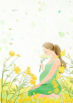 전신 PSD 여자 꽃잎 꽃 일러스트 한명 웃음 들기 앉기 성인 노란색 임산부 임신 들꽃 낙화 국내일러스트 식물 1 컬러 모션 표정 사람 파일형식