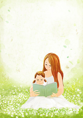 PSD 여자 딸 어린이 꽃밭 일러스트 엄마 들기 앉기 상반신 성인 두명 책 독서 토끼풀 동화책 국내일러스트 식물 꽃 가족 모션 사람 파일형식