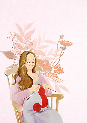 PSD 식물 여자 꽃 의자 일러스트 나뭇잎 한명 웃음 앉기 상반신 성인 임산부 임신 뜨개질 태교 국내일러스트 1 가구 잎 모션 표정 사람 취미 파일형식