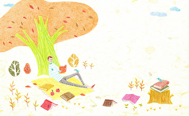 전신 PSD 나무 남자 일러스트 조류 한명 앉기 성인 책 독서 기댐 가을 사과 돗자리 나무밑둥 국내일러스트 식물 동물 1 계절 과일 모션 사람 파일형식