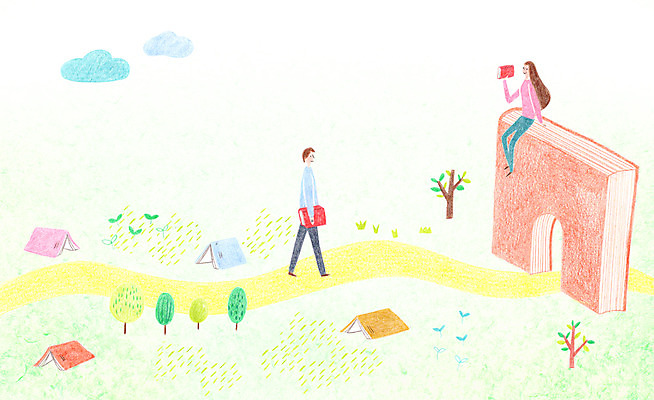 전신 PSD 나무 구름 여자 남자 길 일러스트 서기 들기 앉기 초원 성인 두명 책 독서 새싹 국내일러스트 자연요소 식물 모션 사람 파일형식