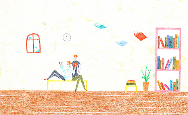 전신 PSD 구름 커플 여자 남자 화분 시계 일러스트 창문 앉기 성인 두명 책 독서 도서관 국내일러스트 자연요소 교육 관계 모션 사람 파일형식