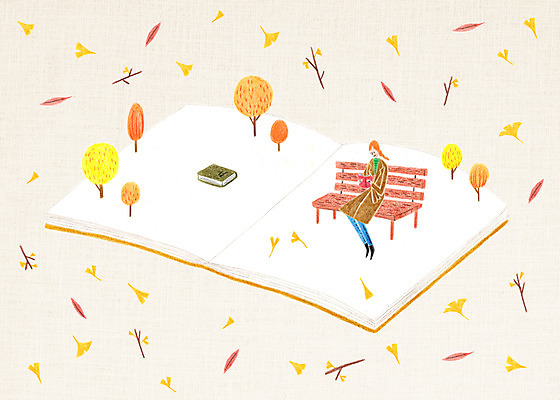 전신 PSD 나무 여자 단풍 낙엽 벤치 의자 일러스트 나뭇잎 한명 앉기 성인 책 독서 가을 국내일러스트 식물 1 계절 가구 잎 모션 사람 파일형식