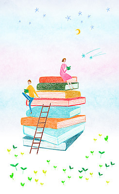 전신 PSD 여자 남자 별 일러스트 사다리 밤하늘 앉기 성인 두명 책 독서 새싹 달 유성 국내일러스트 자연요소 식물 모션 하늘 사람 도구 야간 파일형식