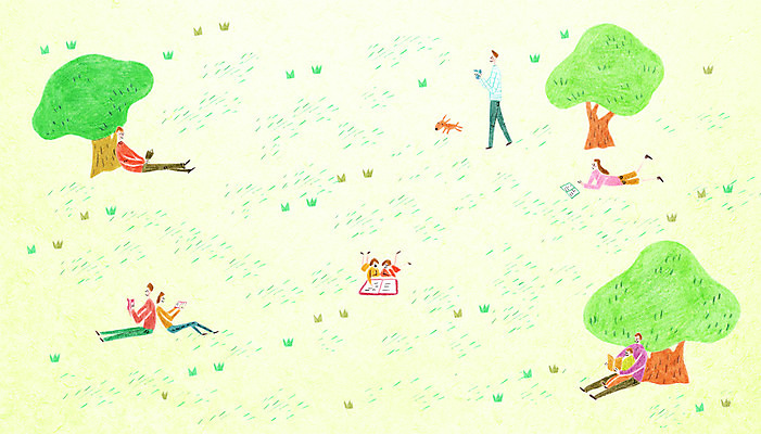 전신 PSD 나무 공원 여자 남자 어린이 일러스트 휴식 앉기 잔디 여러명 성인 책 독서 산책 개 국내일러스트 식물 공공시설 다수 컨셉 포유류 모션 사람 파일형식