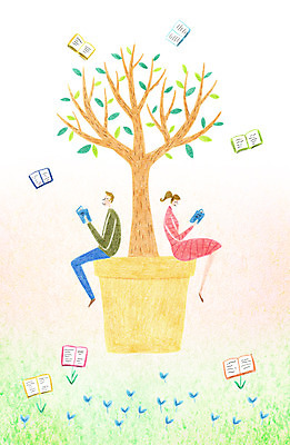 전신 PSD 나무 커플 여자 남자 화분 일러스트 앉기 성인 두명 책 독서 새싹 국내일러스트 식물 관계 모션 사람 파일형식