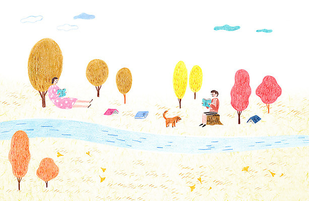 전신 PSD 나무 구름 여자 남자 아들 어린이 일러스트 엄마 나뭇잎 앉기 성인 두명 책 독서 가을 개 숲 국내일러스트 자연요소 식물 계절 잎 포유류 가족 모션 사람 파일형식