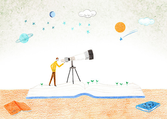 전신 PSD 구름 남자 별 과학 일러스트 밤하늘 한명 서기 성인 책 망원경 행성 국내일러스트 자연요소 1 모션 하늘 사람 우주 야간 파일형식