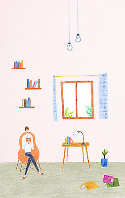 전신 PSD 남자 화분 의자 일러스트 전구 창문 한명 앉기 성인 책 독서 방 스탠드 책상 국내일러스트 1 가구 모션 조명 사람 파일형식