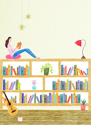 전신 PSD 여자 화분 일러스트 휴식 책장 한명 앉기 성인 책 독서 기타 스탠드 마루 국내일러스트 1 가구 컨셉 모션 현악기 조명 바닥 사람 파일형식