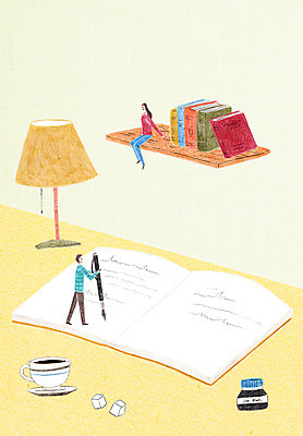 전신 PSD 문자 여자 남자 커피 일러스트 선반 잉크 서기 앉기 성인 두명 책 만년필 스탠드 각설탕 책상 국내일러스트 음료 가구 모션 조명 사람 펜 설탕 파일형식