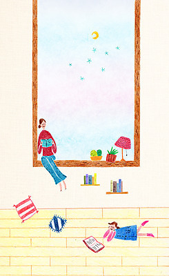 전신 PSD 여자 딸 별 화분 어린이 엎드리기 쿠션 일러스트 창문 밤하늘 엄마 앉기 성인 두명 책 독서 달 국내일러스트 자연요소 가족 모션 하늘 사람 야간 파일형식