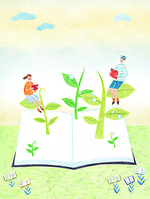 전신 PSD 구름 여자 남자 어린이 줄기 일러스트 앉기 잔디 두명 책 독서 새싹 물방울 국내일러스트 자연요소 식물 모션 사람 파일형식