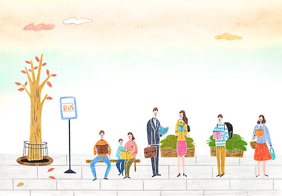 전신 PSD 나무 구름 여자 남자 어린이 일러스트 서기 사람 앉기 여러명 성인 책 독서 노을 버스정류장 줄서기 국내일러스트 자연요소 식물 다수 모션 역 파일형식
