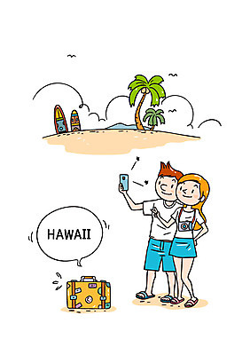 커플 여자 남자 일러스트 성인 두명 야자수 여행가방 사진촬영 하와이 국내일러스트 AI파일 나무 가방 관계 사람 촬영 미국 파일형식 벡터