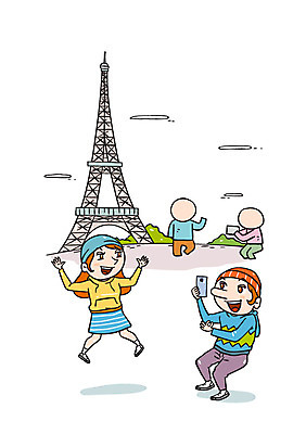 여자 남자 여행 일러스트 여러명 사진촬영 프랑스 에펠탑 파리_프랑스 국내일러스트 AI파일 유럽 다수 사람 촬영 파리 랜드마크 파일형식 벡터