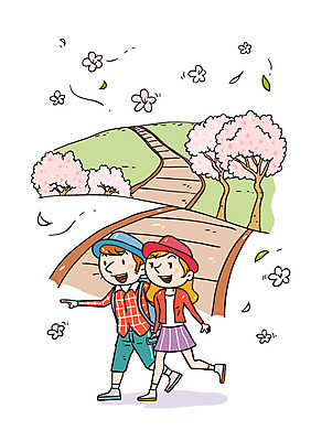 커플 여자 남자 일러스트 두명 벚꽃 벚꽃축제 국내일러스트 AI파일 꽃 관계 사람 축제 꽃축제 파일형식 벡터