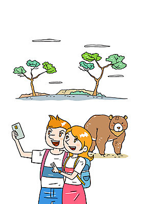 한마리 커플 여자 남자 여행 일러스트 곰 두명 셀프카메라 국내일러스트 AI파일 동물 1 포유류 관계 사람 사진촬영 파일형식 벡터