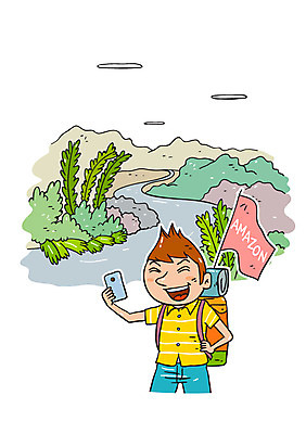 남자 여행 일러스트 한명 스마트폰 강 셀프카메라 아마존 국내일러스트 AI파일 1 사람 핸드폰 스마트기기 사진촬영 파일형식 벡터