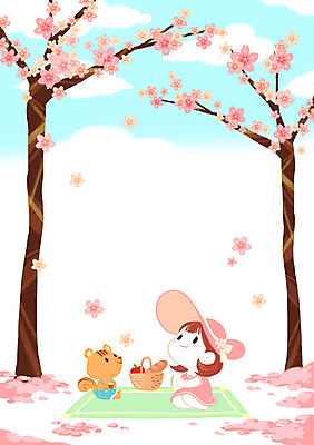 PSD 구름 여자 어린이 여행 일러스트 하늘 한명 앉기 소녀 소풍 봄 벚꽃 벚나무 돗자리 다람쥐 도시락 벚꽃축제 국내일러스트 자연요소 나무 1 계절 꽃 음식 모션 사람 야외활동 축제 설치류 꽃축제 파일형식