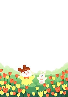 PSD 여자 꽃 어린이 꽃밭 일러스트 프레임 한명 서기 상반신 봄 튤립 토끼 튤립축제 프레임일러스트 국내일러스트 식물 1 계절 포유류 모션 사람 반려동물 축제 꽃축제 파일형식