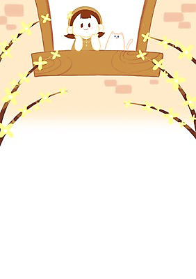 PSD 여자 어린이 일러스트 창문 프레임 한명 소녀 상반신 고양이 기댐 봄 감상 개나리 구경 창밖 프레임일러스트 국내일러스트 1 계절 꽃 포유류 모션 사람 반려동물 파일형식