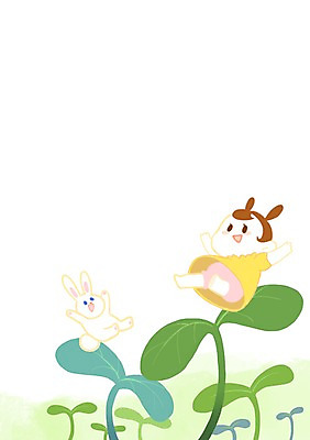 전신 PSD 한마리 여자 어린이 일러스트 프레임 한명 소녀 새싹 봄 토끼 즐거움 프레임일러스트 국내일러스트 식물 1 계절 감정 포유류 사람 반려동물 파일형식