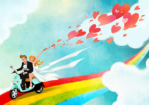 전신 PSD 구름 부부 커플 드레스 여자 남자 신부 웨딩드레스 신랑 무지개 일러스트 신혼부부 정장 성인 두명 스쿠터 하트 승차 국내일러스트 자연요소 모양 옷 결혼 관계 모션 사람 오토바이 신혼 파일형식