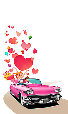 PSD 커플 여자 남자 분홍색 일러스트 선물 앉기 상반신 성인 두명 기쁨 운전 하트 승차 오픈카 하트풍선 풍선 국내일러스트 모양 감정 컬러 관계 모션 승용차 사람 파일형식