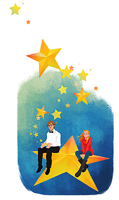 전신 PSD 커플 여자 남자 별 여행 일러스트 상상 밤하늘 나비넥타이 앉기 정장 성인 두명 우주 국내일러스트 자연요소 옷 관계 모션 하늘 넥타이 사람 야간 파일형식